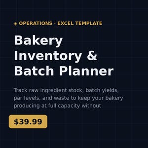 Könnte beinhalten: Eine dunkelblaue digitale Excel-Vorlage für Bäckerei-Inventar und Chargenplanung. Der Text umfasst PROFESSIONAL TIER, OPERATIONS EXCEL TEMPLATE, Bakery Inventory & Batch Planner, $39.99 und BIZGRIDCO auf einem Hintergrund mit Rastermuster.