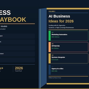 Peut inclure: Graphique bleu foncé avec le texte "AI Business Ideas Playbook" et "AI Business Ideas for 2026." L'image répertorie 25 idées commerciales, avec des revenus potentiels de 9 200 €+ par mois. Elle comprend des informations sur les agences d'IA et la mise à l'échelle.