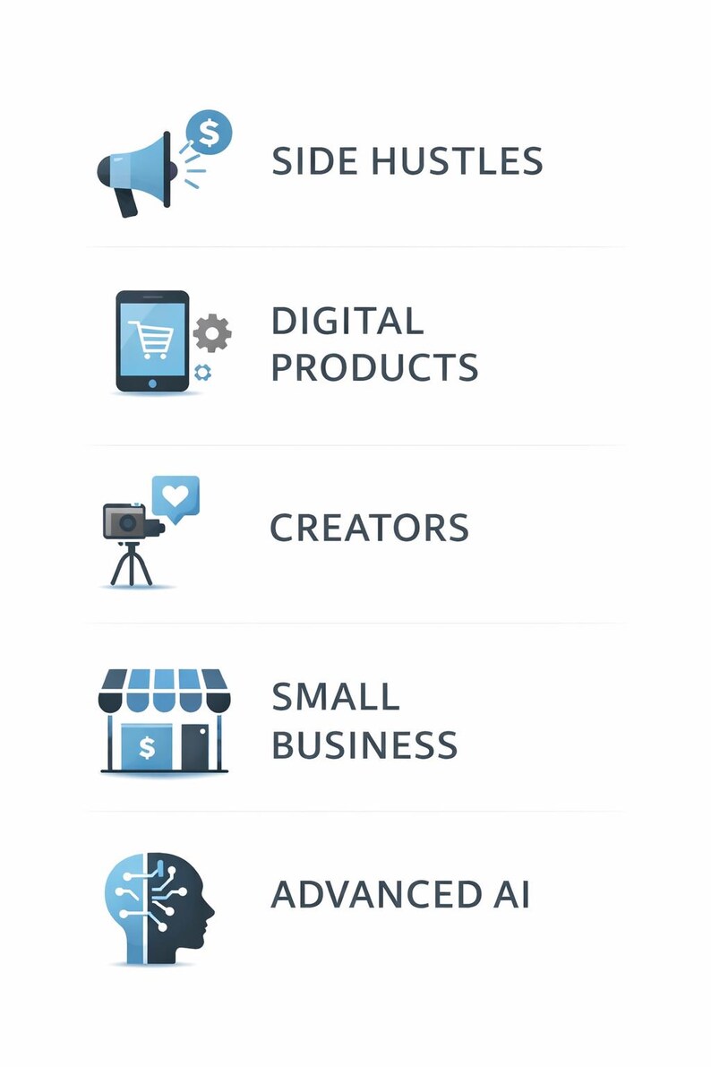 K&ouml;nnte beinhalten: Infografik mit Symbolen und Text. Der Text enth&auml;lt "SIDE HUSTLES", "DIGITAL PRODUCTS", "CREATORS", "SMALL BUSINESS" und "ADVANCED AI". Jede Textzeile hat ein entsprechendes Symbol, wie eine Megaphon, ein Tablet mit einem Einkaufswagen und eine Kamera.
