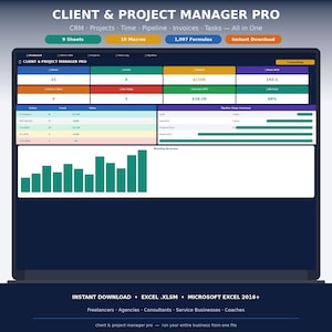 May include: A laptop screen displays a business dashboard titled "CLIENT & PROJECT MANAGER PRO." The interface shows data visualizations, including charts and tables, with key metrics like "Pipeline" and "Invoices." The screen also displays the text "Instant Download."