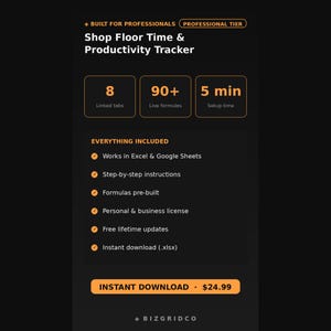 Könnte beinhalten: Eine digitale Vorlage zur Zeiterfassung und Produktivitätsverfolgung in der Werkstatt mit schwarzem Hintergrund und orangefarbenem Text. Enthält 8 verknüpfte Registerkarten, über 90 Live-Formeln und 5 Minuten Einrichtungszeit. Kompatibel mit Excel und Google Sheets, inklusive Anleitungen, vorgefertigten Formeln, Lizenzen, Updates und .xlsx-Download.