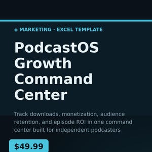 May include: A dark blue digital marketing Excel template titled PodcastOS Growth Command Center. The interface includes text for tracking downloads, monetization, audience retention, and episode ROI, with a Professional Tier label and BizGridCo branding.