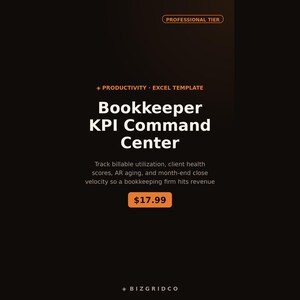 Può includere: Un modello Excel digitale nero intitolato Bookkeeper KPI Command Center, etichettato come Professional Tier e Productivity. Include testo per monitorare l'utilizzo fatturabile, i punteggi di salute del cliente, l'invecchiamento dei crediti e la velocità di chiusura mensile.