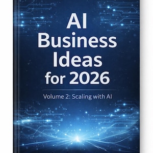 Könnte beinhalten: Ein Hardcover-Buch mit dem Titel "AI Business Ideas for 2026" mit dunkelblauem Einband und weißem Text. Der Untertitel des Buches lautet "Volume 2: Scaling with AI" und wurde von Wryan Cross verfasst. Das Cover zeigt ein digitales Schaltungsdesign.