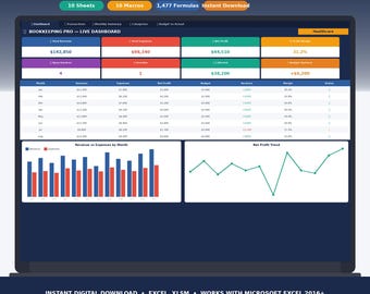 Bookkeeping Spreadsheet Excel - Small Business Budget Tracker - Invoice Log - Cash Flow Forecast - Profit and Loss - Macro Enabled