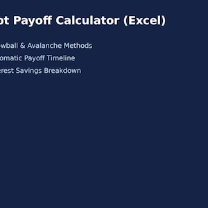 May include: A dark blue graphic with white text. The text reads "Debt Payoff Calculator (Excel)" followed by bullet points listing features: Snowball & Avalanche Methods, Automatic Payoff Timeline, and Interest Savings Breakdown.