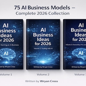 May include: Three books titled "AI Business Ideas for 2026" are displayed. Each book has a dark blue cover with white text and a glowing brain graphic. The books are labeled Volume 1, 2, and 3, and are part of the "Complete 2026 Collection".