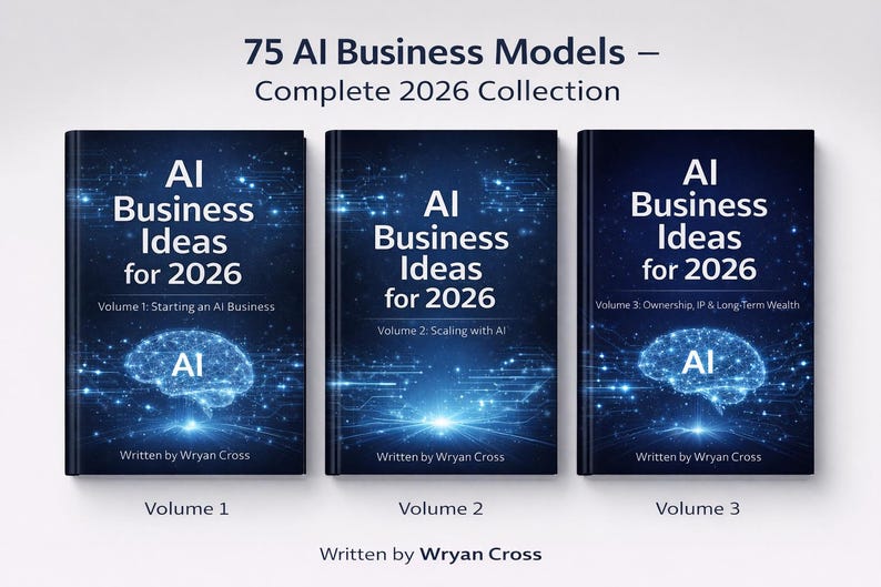 K&ouml;nnte beinhalten: Drei B&uuml;cher mit dem Titel "AI Business Ideas for 2026" werden gezeigt. Jedes Buch hat einen dunkelblauen Einband mit wei&szlig;em Text und einer leuchtenden Gehirngrafik. Die B&uuml;cher sind mit Band 1, 2 und 3 beschriftet und Teil der "Complete 2026 Collection".