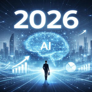 K&ouml;nnte beinhalten: Digitalillustration mit dem Jahr 2026 in gro&szlig;em wei&szlig;en Text &uuml;ber einer leuchtenden Gehirngrafik mit der Aufschrift "AI". Eine Silhouette geht auf eine Stadt mit Datenvisualisierungen zu. Die Szene ist in Blaut&ouml;nen gehalten.