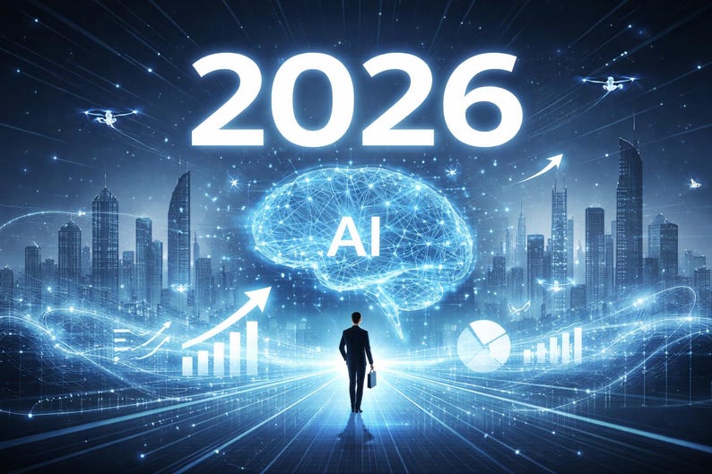 K&ouml;nnte beinhalten: Digitalillustration mit dem Jahr 2026 in gro&szlig;em wei&szlig;en Text &uuml;ber einer leuchtenden Gehirngrafik mit der Aufschrift "AI". Eine Silhouette geht auf eine Stadt mit Datenvisualisierungen zu. Die Szene ist in Blaut&ouml;nen gehalten.