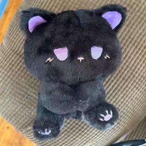 May include: A plush black cat toy with purple inner ears and embroidered facial features. The cat's paws have pink paw prints. The toy is lying on a brown corduroy surface.