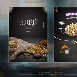 Peut inclure: Deux modèles de menus de restaurant. Le menu de gauche présente le texte "SHED HOMEMADE Signature" avec de la nourriture et un bol de salsa. Le menu de droite affiche "SHEDOSY the best in town" avec du poulet, du riz et une boisson.