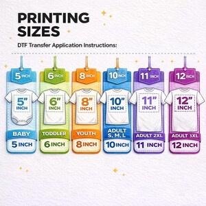 The image is a visual representation of sizes for a DTF (Digital Transfer Format) printer, with each size labeled and corresponding to a different age group.