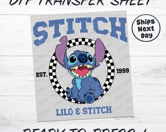 Hoja de transferencia DTF a cuadros de Stitch retro Disney Retro Stitch y Lilo Papel DTF listo para imprimir Hojas DTF de Disneyland fáciles de aplicar