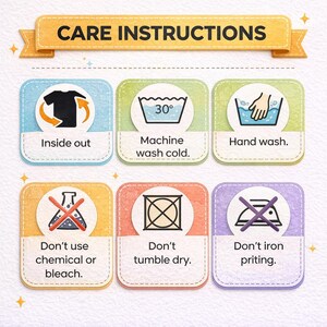 care instructions for washing clothes, including guidelines for machine washing, hand washing, and ironing.