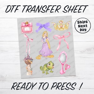 May include: A DTF transfer sheet with various illustrations, including a princess, a crown, a perfume bottle, and a chameleon. The sheet also features the text "DTF TRANSFER SHEET" and "READY TO PRESS!"