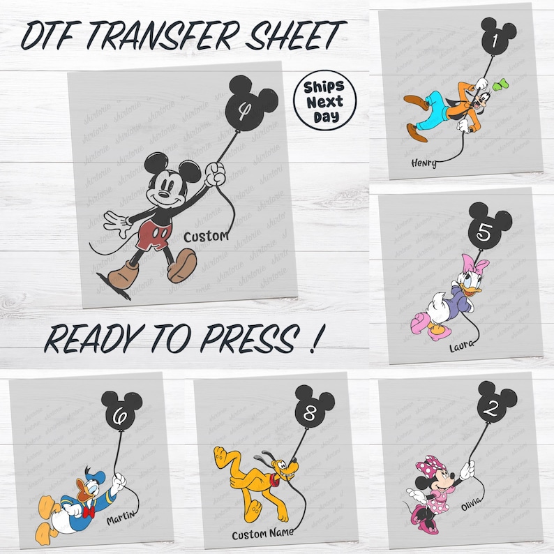 a collection of cartoon character illustrations, including Mickey Mouse, Donald Duck, Minnie Mouse, and Pluto. The characters are holding balloons with numbers on them, and the image includes text that reads "DFT Transfer Sheet" and "Ready to Press!".