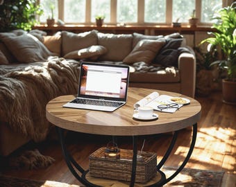 Industrial Round Coffee Table with Storage Shelf, Modern Wood Living Room Table