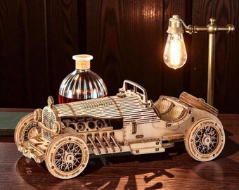 Vintage Grand Prix Wooden Car Model Kit: 220-Piece Mechanical Puzzle for Desk Decor