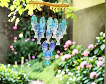 Blue Glass Fish Wind Chimes: Coastal Garden Hanging Decor