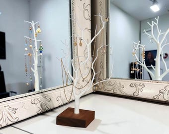 Minimalist Jewelry Stand Tree: Metal Necklace Holder, Earring Organizer, Wooden Base Vanity Storage