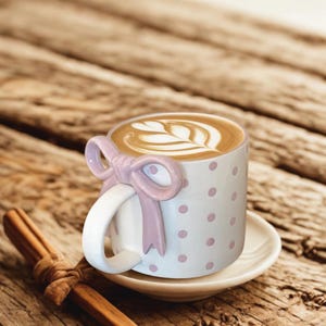 May include: A white ceramic mug with pink polka dots and a lavender bow-shaped handle. The mug is filled with a latte, topped with a leaf design. The mug sits on a white saucer, on a wooden surface.