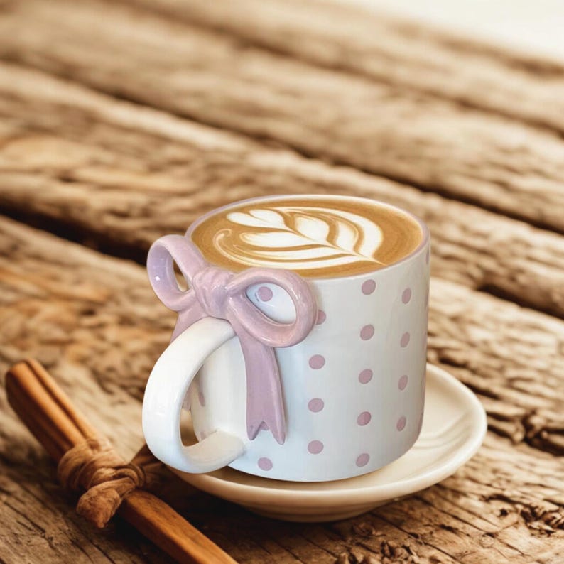 May include: A white ceramic mug with pink polka dots and a lavender bow-shaped handle. The mug is filled with a latte, topped with a leaf design. The mug sits on a white saucer, on a wooden surface.