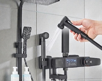 Matte Black Rainfall Shower System with Digital Display, Shelf, Bidet Spray