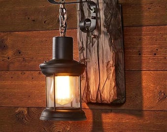 Industrial Wood Sconce Lamp: Rustic Metal Vintage Farmhouse Loft Lighting