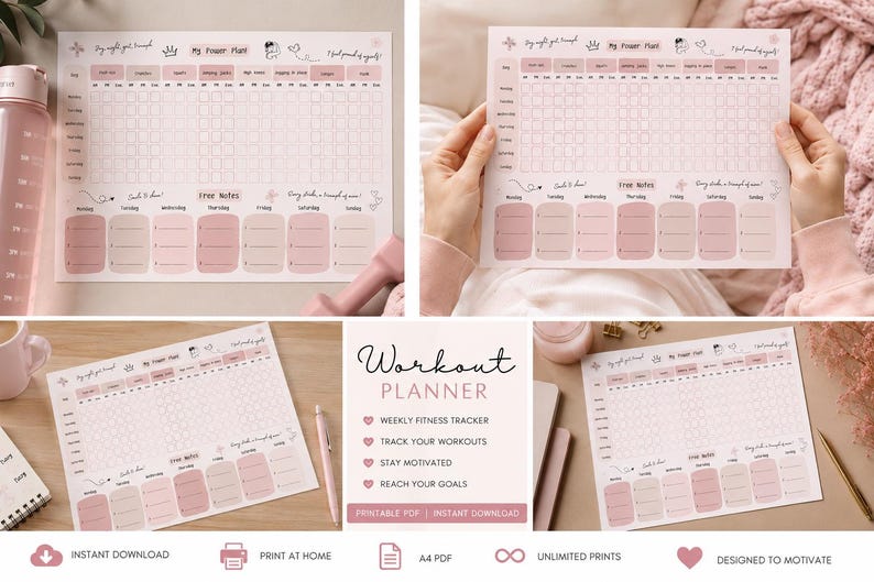 Pink Workout Planner | Weekly Fitness Tracker | A4 Habit Log (PDF ...