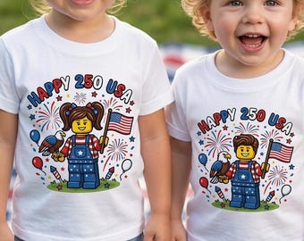 Blocks Builder Happy 250 USA 4th of July Flag kids T-shirt