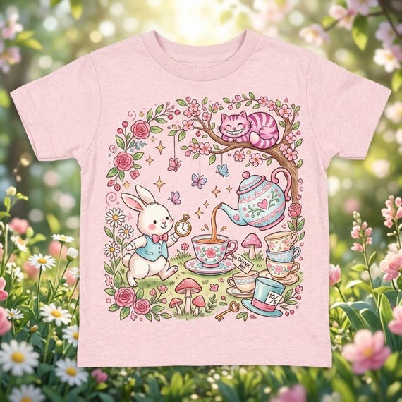Alice in Wonderland, Bunny & the Tea Cups in a Floral Garden kids graphic T-shirt