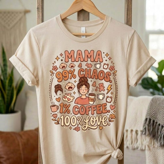 Mama T-shirt: 99 Chaos, 1 Coffee, 100 Love – Mom Life Apparel