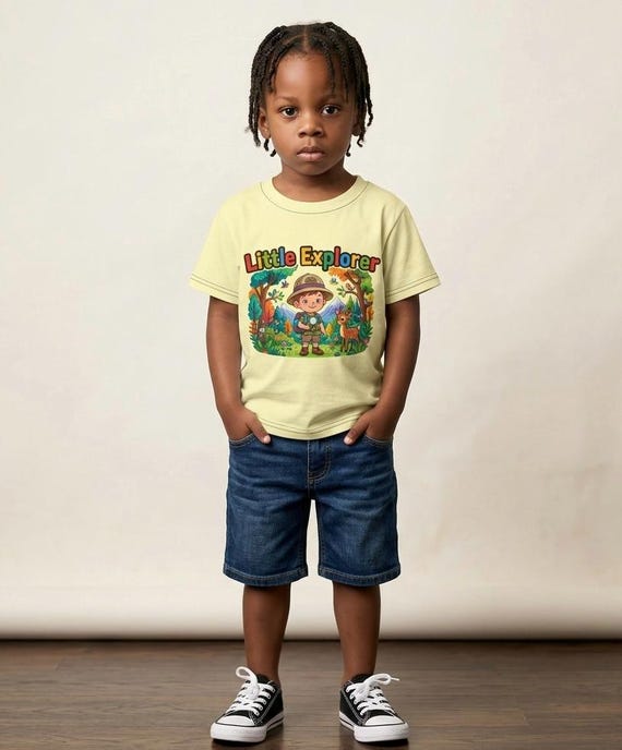 Little Explorer beige Cartoon Adventurer toddler Kids crew neck t-shirt