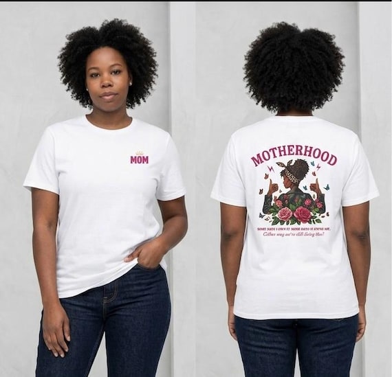 Motherhood graphic T-Shirt | Mom chest print, floral afro woman back design