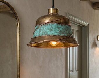 Handmade Copper Pendant Light with Green Patina , Rustic Hanging Lamp , Farmhouse Entryway & Kitchen Lighting