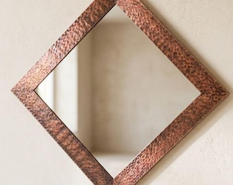 Hammered Copper Mirror, Square Mirror, Diamond Wall Mirror, Moroccan Mirror, Bathroom Mirror, Entryway Mirror, 7th Copper Anniversary Gift