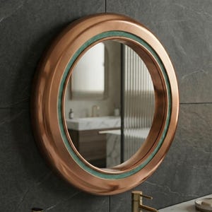 Handmade Copper Patina Mirror, Round Bathroom Mirror, Verdigris Copper Wall Decor, Modern Rustic Vanity Mirror
