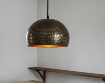 Lámpara colgante de cúpula de cobre martillado, lámpara colgante rústica, lámpara de techo de cobre hecha a mano, luminaria de cocina de estilo industrial bohemio