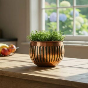 Copper Planter with Drainage Hole, Ribbed Succulent Planter, Modern Indoor Plant Pot, Plant Lover Gift, 7 Year Copper Anniversary Gift