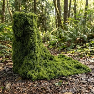 May include: A tall, upright, rectangular block completely covered in a thick, textured layer of vibrant green moss. The object has a flat top surface and a wide, extended base that tapers slightly as it rises, creating a solid, organic form.