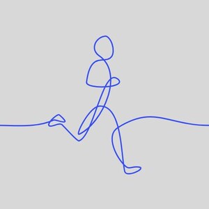 Puede incluir: Un dibujo de una sola línea azul continua sobre un fondo gris claro que representa la silueta de una persona en movimiento de carrera. La línea forma la cabeza, el torso y las extremidades de la figura, extendiéndose horizontalmente.