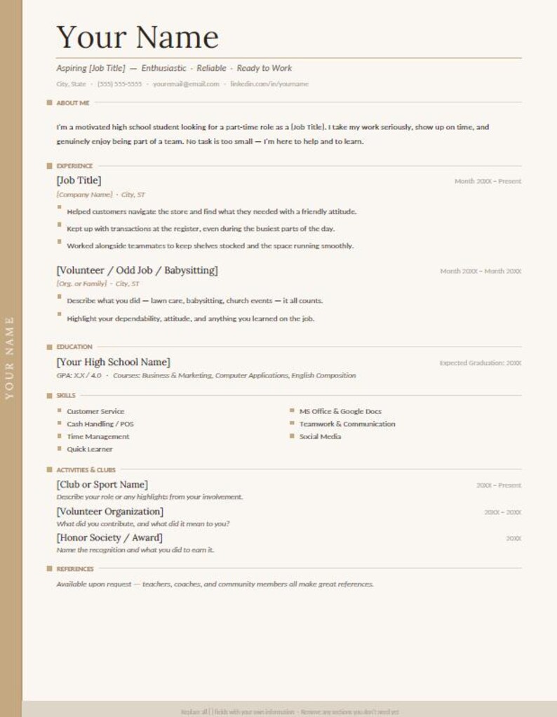 Easily Printable Resume Template for High School Students - Etsy