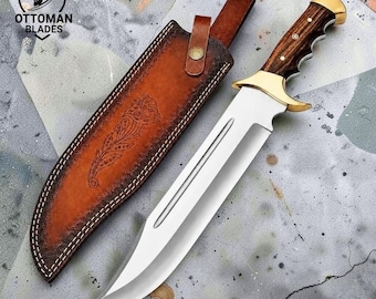 18" D2 Steel Bowie Knife Full Tang Rosewood Handle Hunting Knife Custom Fixed Blade Outdoor Survival Knife Handcrafted Sheath Gift for Him
