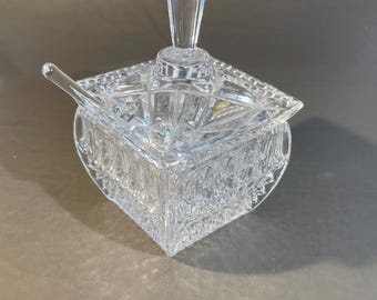 3-4” Clear Cut Lead Crystal Sugar Bowl Square Lid Spoon Slot Crosshatch Facets (404)
