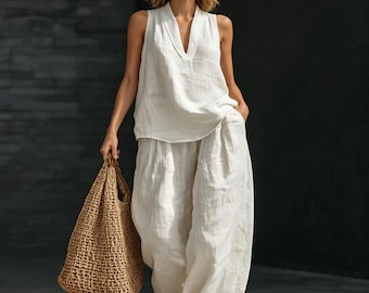 Vestido sin mangas de algodón y lino hecho a mano – Ideal para vacaciones de verano en la playa.