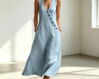 Abito lungo senza maniche in cotone e lino, fatto a mano – Perfetto per le vacanze estive al mare.