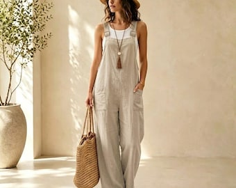Vintage Handmade Cotton Linen Jumpsuit - Wide Leg - Breathable Natural Fabric -Women Summer Outfit
