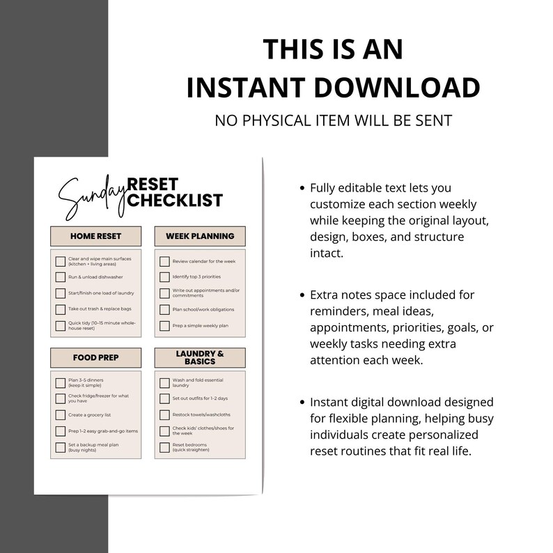 Sunday Reset Checklist.pdf Sunday Reset Checklist Printable | Editable Canva Template | Weekly ...