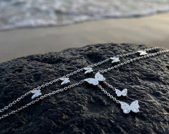 Silver Tone Butterfly Anklet for Women, Stainless Steel Layered Anklet, Adjustable Summer Beach Jewelry